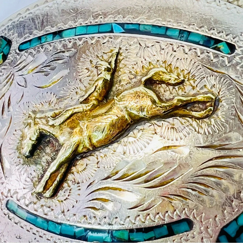 Vintage Native Turquoise Inlay Nickel Silver Bucking Bronco Belt Buckle Western